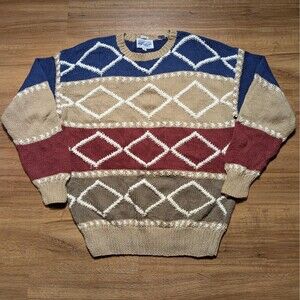 VTG Perry Ellis America Designer Hand Knit Sweater Men Medium Colorblock